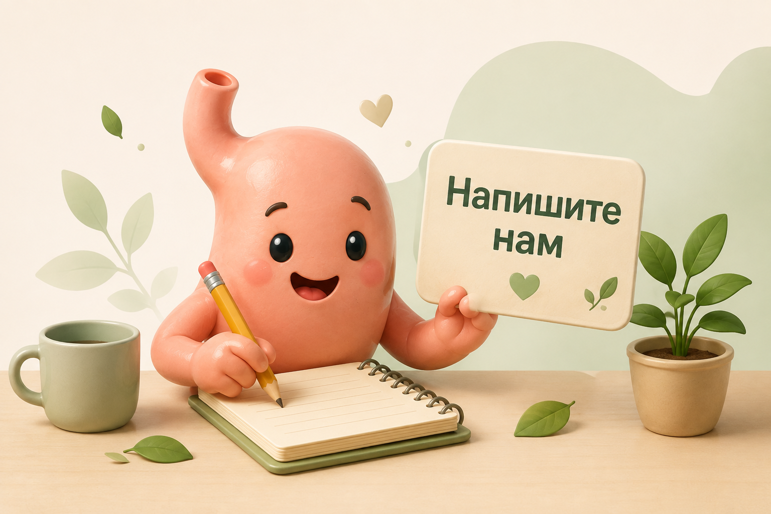 Персонаж-желудок с блокнотом, карандашом и табличкой «Напишите нам»